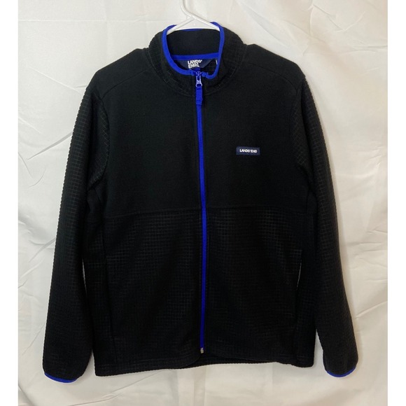 Lands End Black Fleece Jacket Mens Size Medium Zip Up Blue Trim Textured - Picture 12 of 14